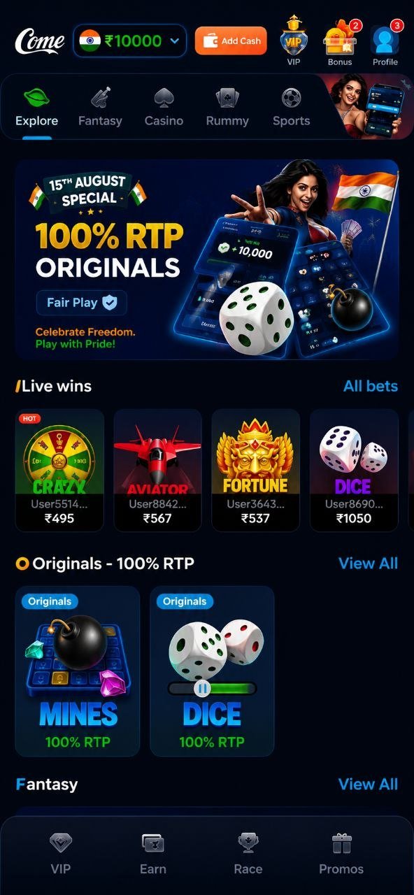 ComeGame app home screen showing the games lobby, live wins and promotions
