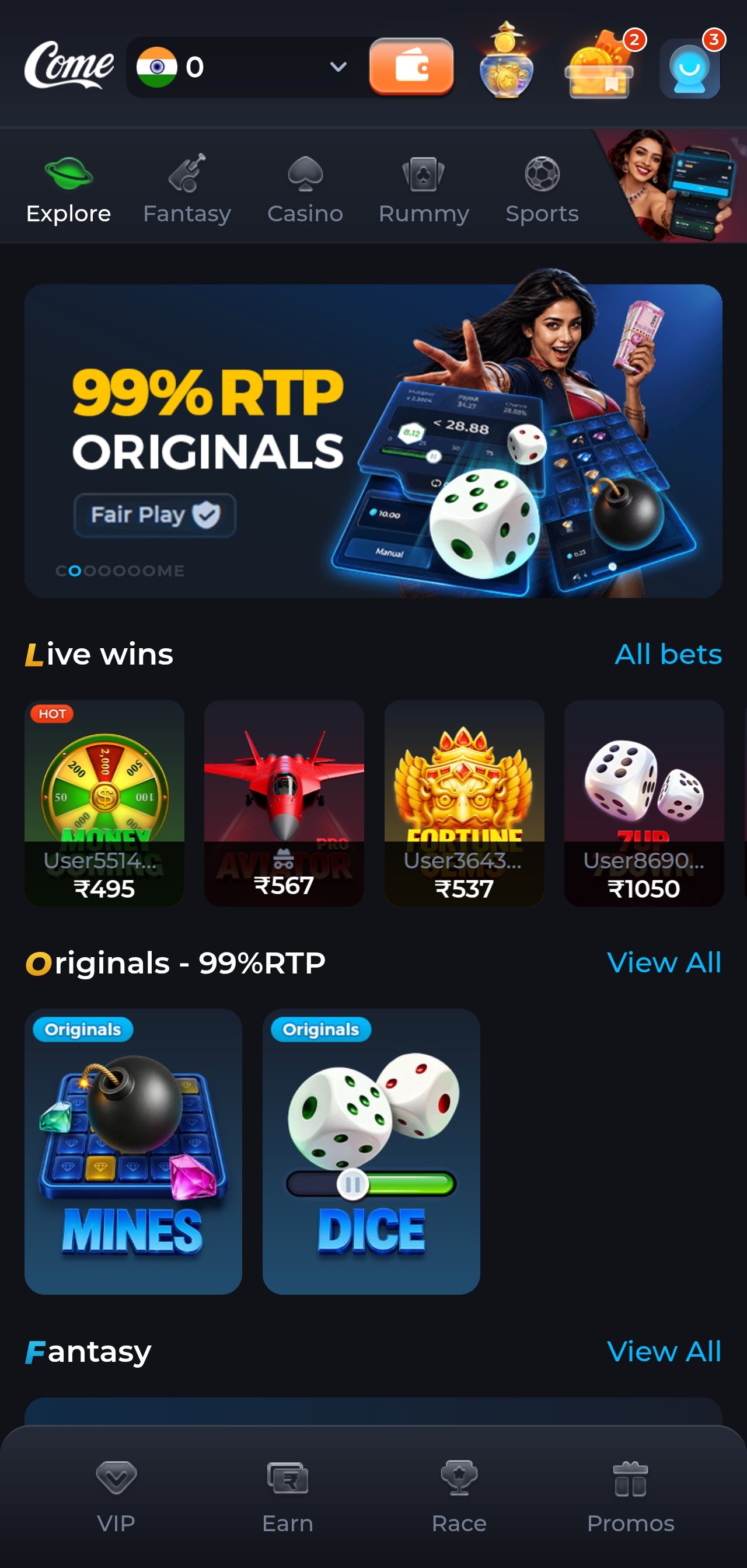 ComeGame app lobby with live wins and originals